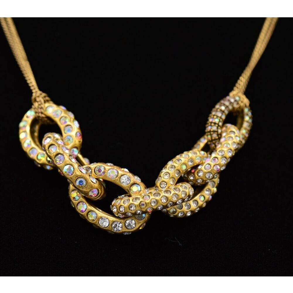 J.Crew Crystal Chain Necklace Linked AB Rhinestone Antiqued Gold Chunky Y2K BinA